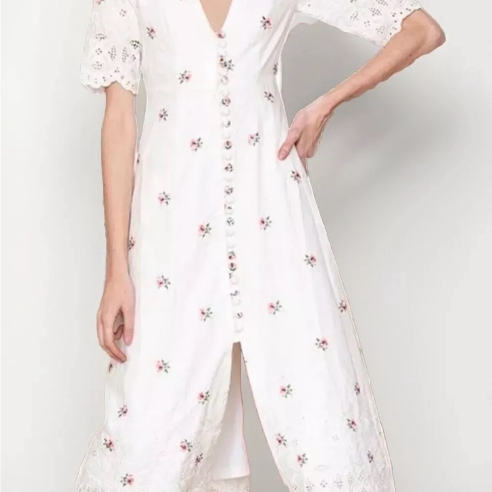 Cottagecore garden girl Button-Down White Dress with Peony pink flowers